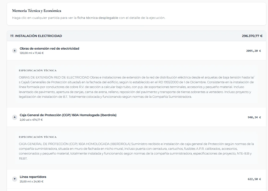 Ejemplo de presupuesto de obra Pr3cise: desglose de partidas 1