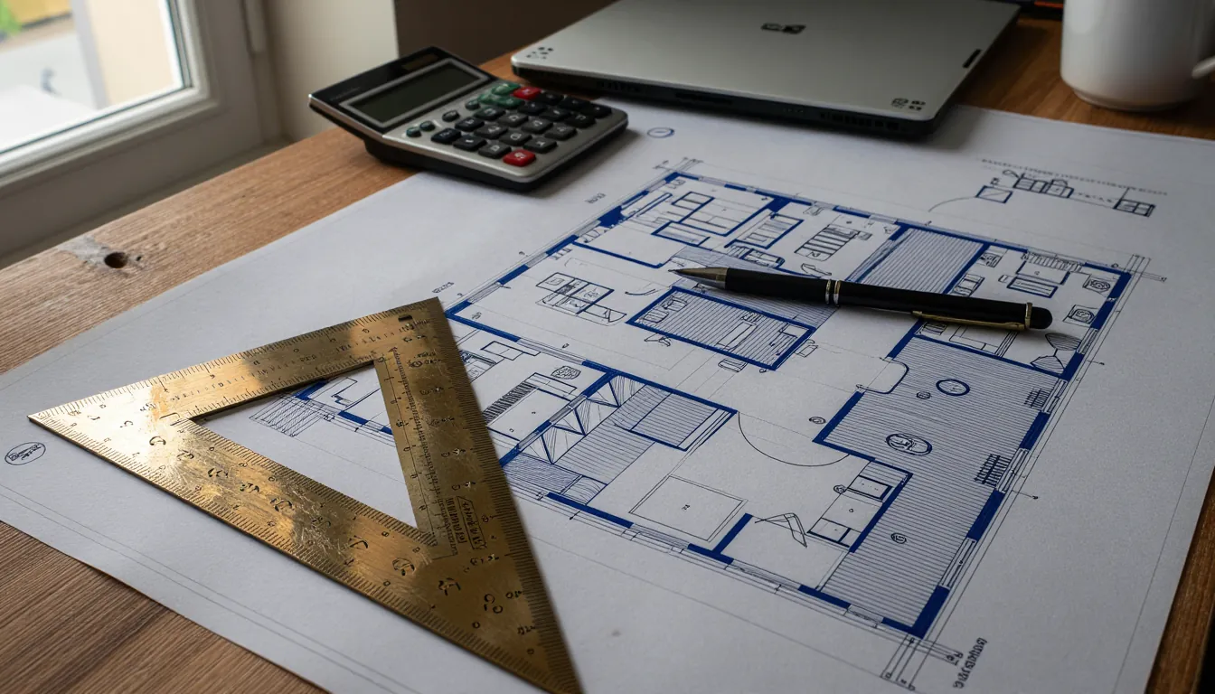 Mesa de una oficina técnica con un plano de planta, escuadra y calculadora