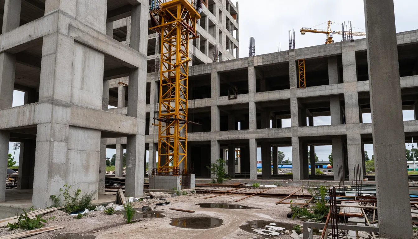 Edificio de hormigón a medio construir y abandonado, con la grúa parada