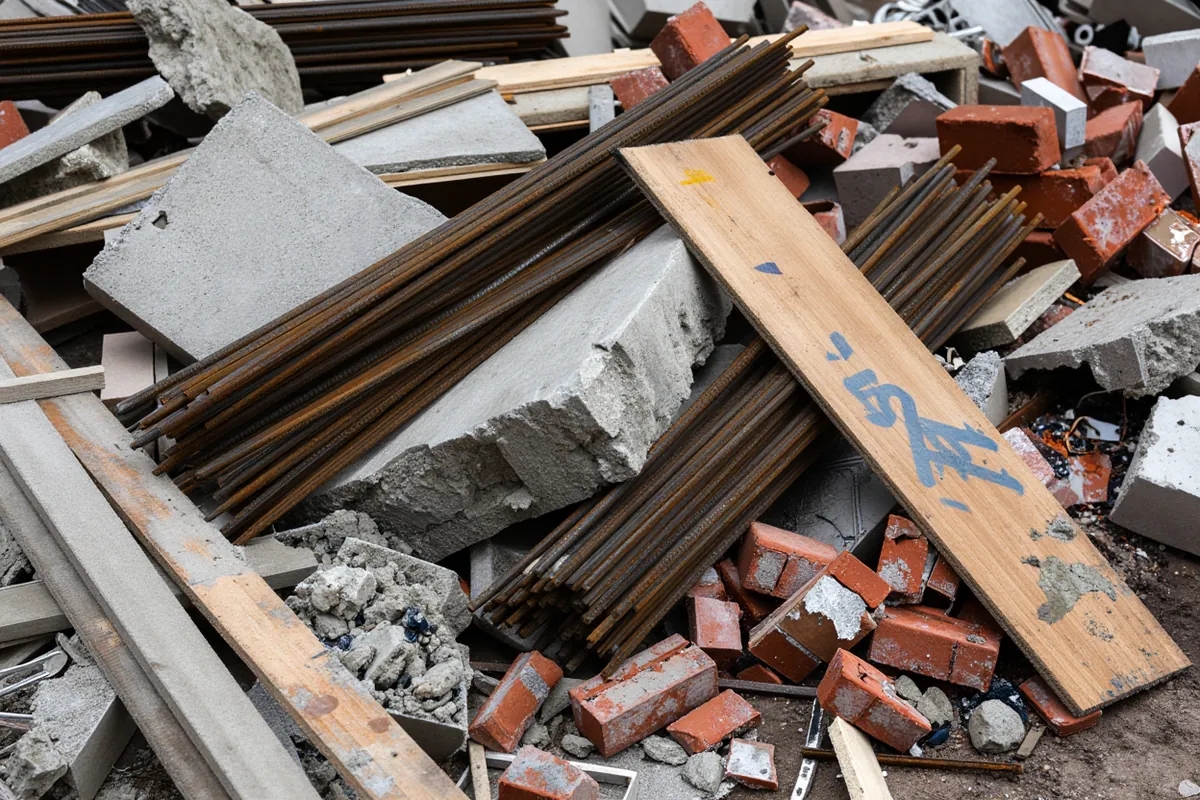 Material desperdiciado en obra: ferralla, bloques rotos y encofrado de sobra
